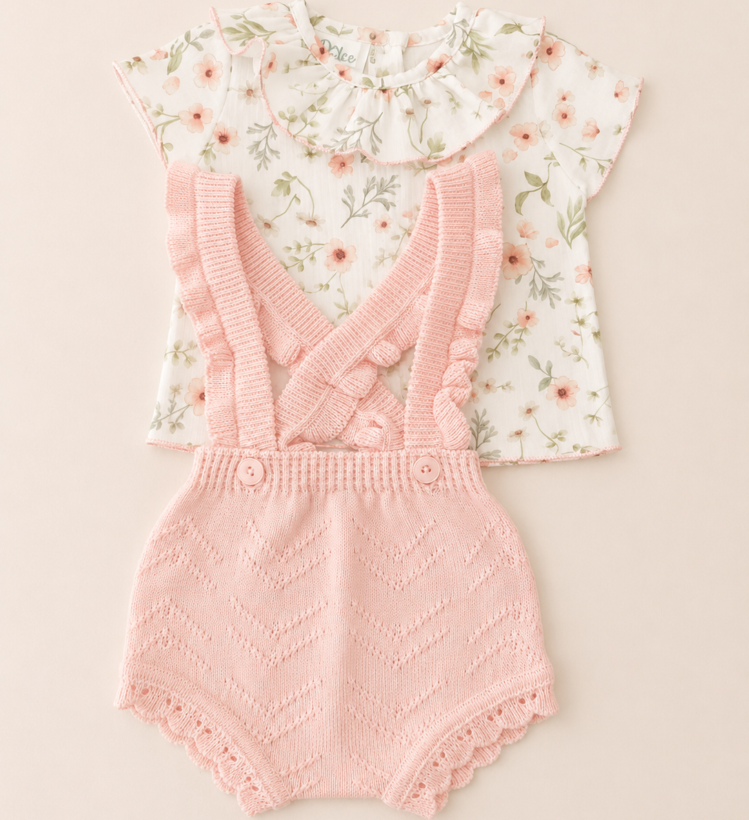 Conjunto Romántico de Dos Piezas: Blusa Floral y Ranita de Punto