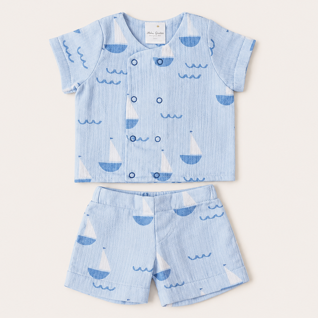 conjunto de tela  estampado de barquitos y olas