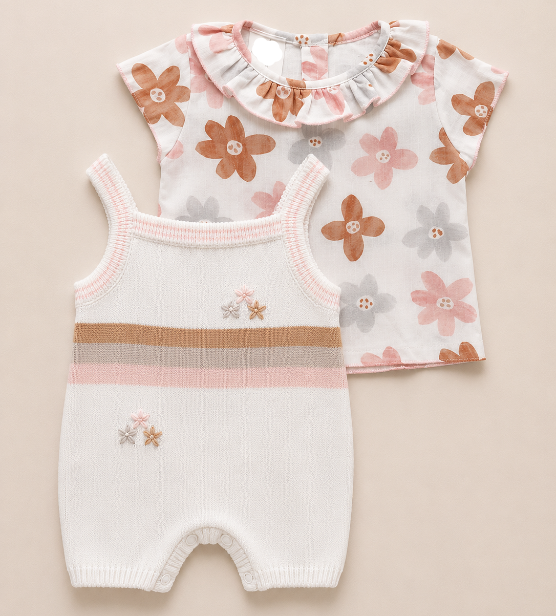 conjunto mameluco sin manga & camisa estampada de flores con tela en algodón