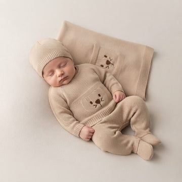 conjunto tejido para bebé con gorro y manta