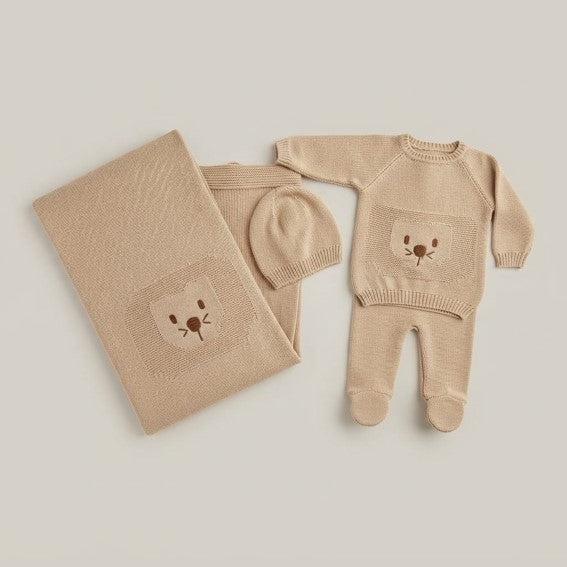 conjunto tejido para bebé con gorro y manta