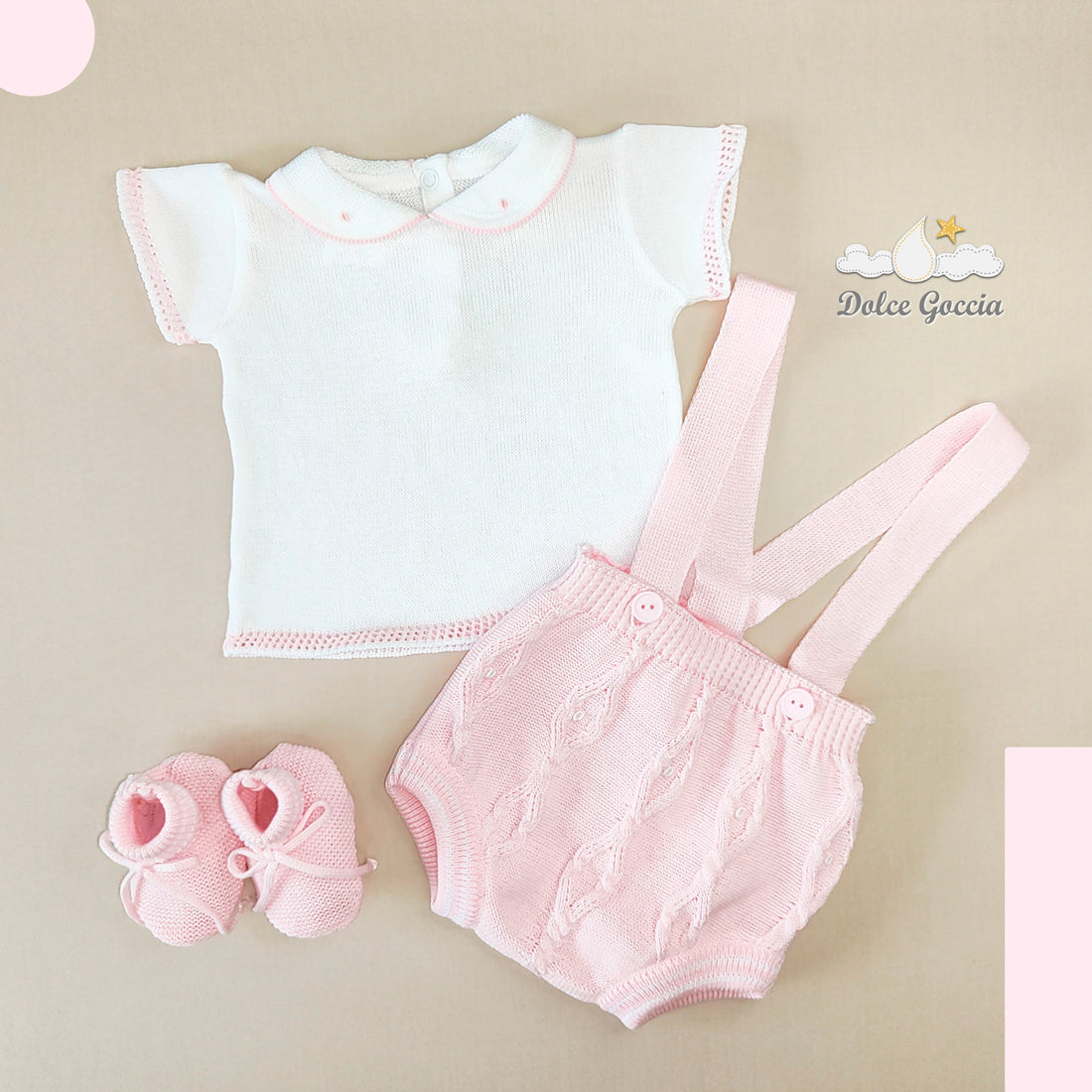 panty con tirantes y buzo clemencia tejido para bebe rosado/blanco