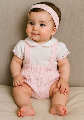 panty con tirantes y buzo clemencia tejido para bebe rosado/blanco